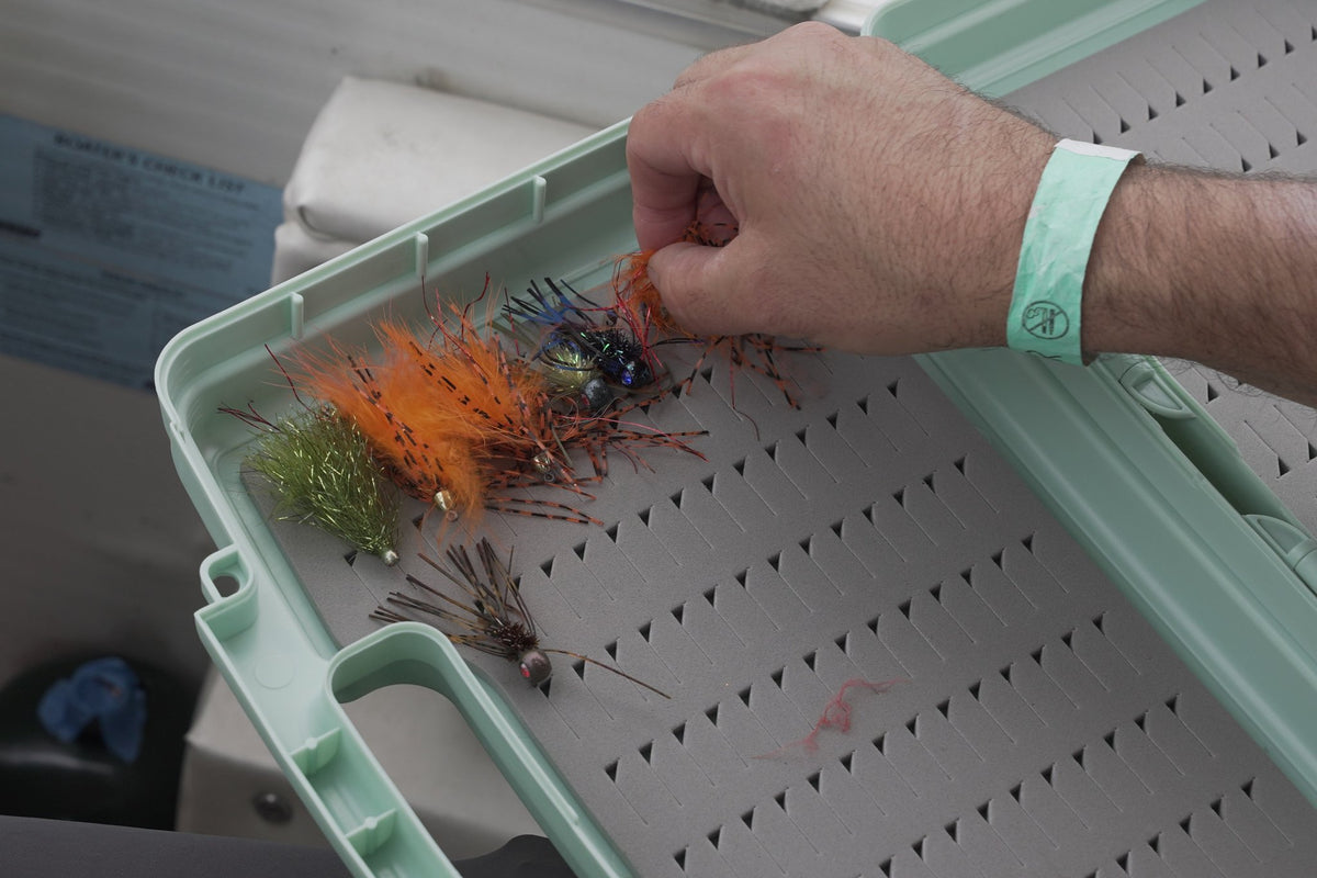 Fly box full of flies held in hand